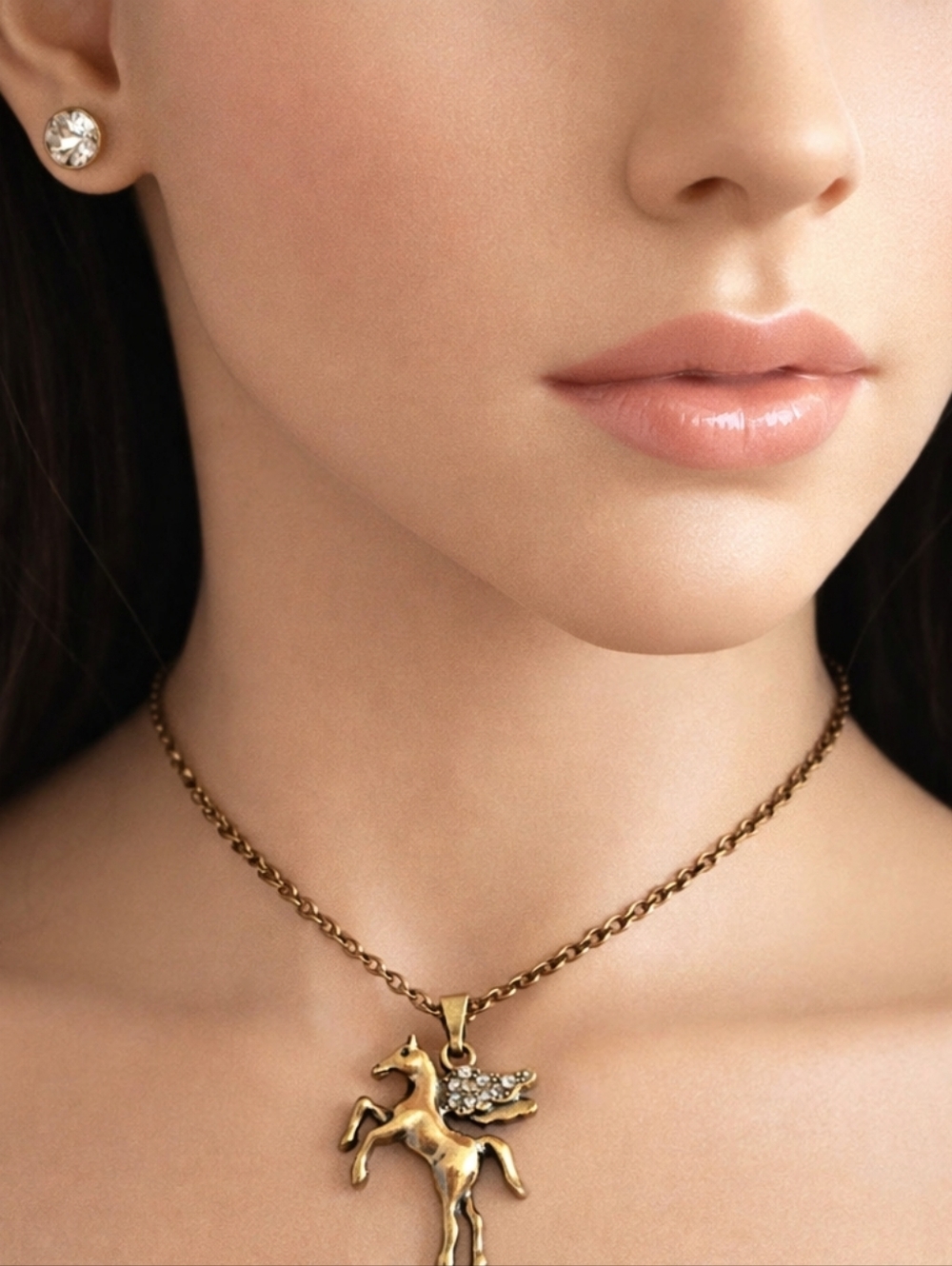 Old Gold Tone Pegasus Pendant Necklace & Crystal Stud Earrings - Women's Fashion